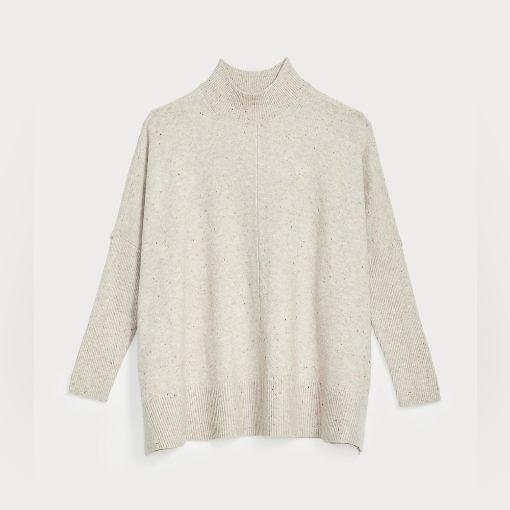 Loft Women’s Soft Stretchy Knit Flecked Rib Trim Swing Poncho Sweater Mock Neck